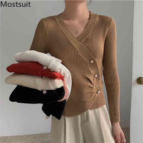 

v-neck buttons knitted pullover sweater women spring long sleeve slim fashion vintage female jumpers 210513, Black