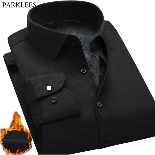 Negócio formal preto inverno camisa quente homens marca mais fleece magro ajuste sarja mens vestido camisas ocasional desgaste de escritório chemise 210522