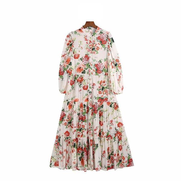 

casual dresses women 2021 chic fashion floral print ruffled midi dress vintage three quarter sleeve button-up female vestidos, Black;gray