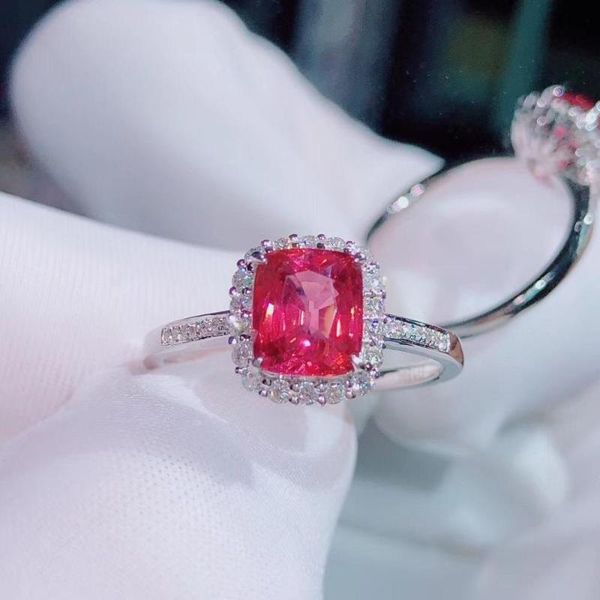 

fine jewelry real 18k gold au750 natural red spinel 1.8ct gemstones diamonds female anniversary gift rings cluster, Golden;silver