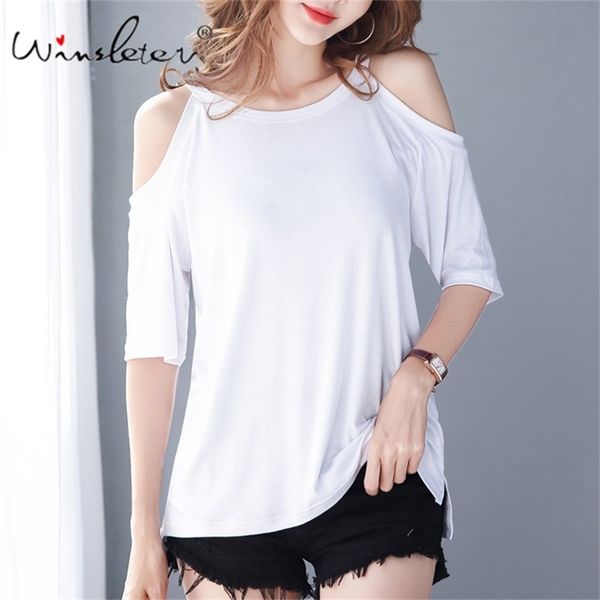 

summer off-shoulder loose t-shirt women black white modal cotton short sleeve casual for minimalist 210421, Black;gray