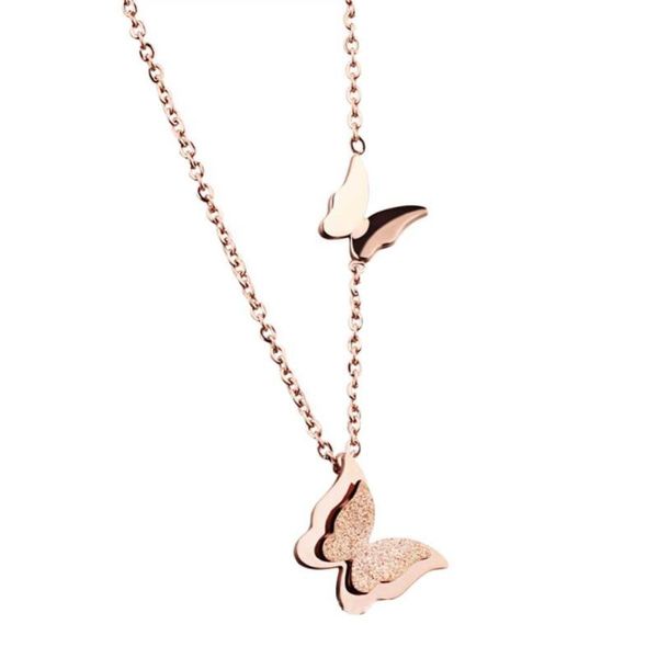 

handmade romantic double butterfly necklace titanium steel rose gold sanding scrub pendant necklaces, Silver