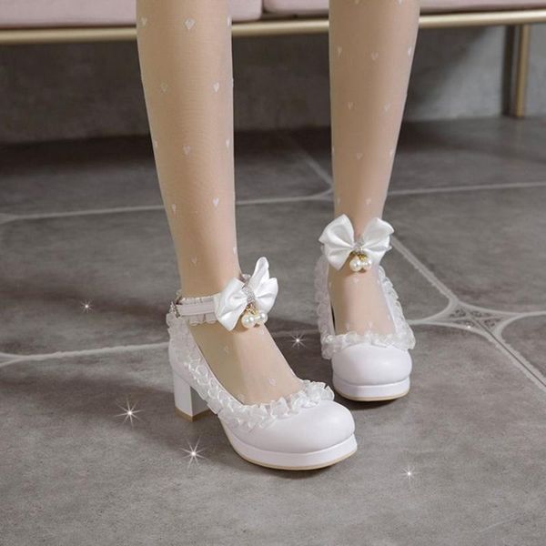 

dress shoes girls sweet lolita ruffles bowknot lace bridal wedding women high heel bordered princess pink chaussure femme 1-83, Black
