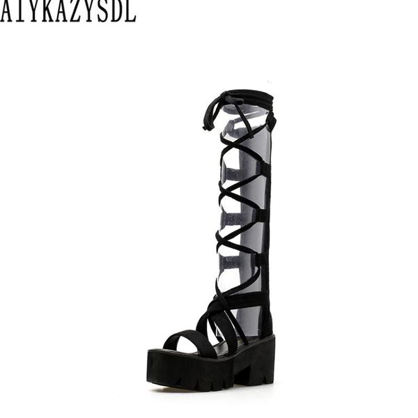 

women rome gladiator bootie knee high boots open toe cross strap cut out sandals platform wedge heel beach shoes, Black