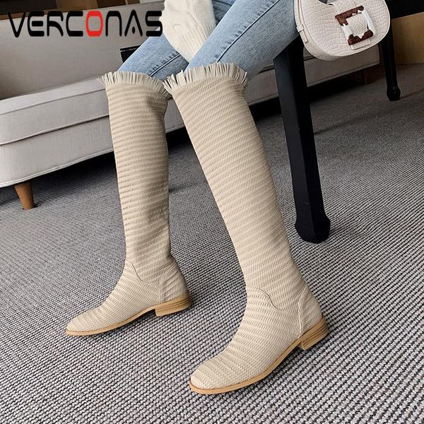 

boots verconas autunm winter warm fashion women knee-high concise fringe slim long shoes round toe casual low heels woman, Black