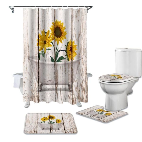 

shower curtains sunflower bathtub wood grain curtain sets non-slip rugs toilet lid cover and bath mat waterproof bathroom
