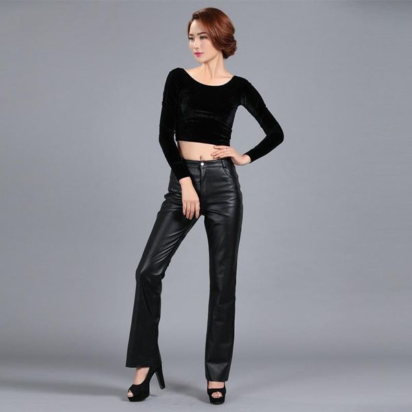 

women's pants & capris bell-bottom ladies' sheepskin women genuine leather zipper mid waist slim hip casual flare trousers, Black;white