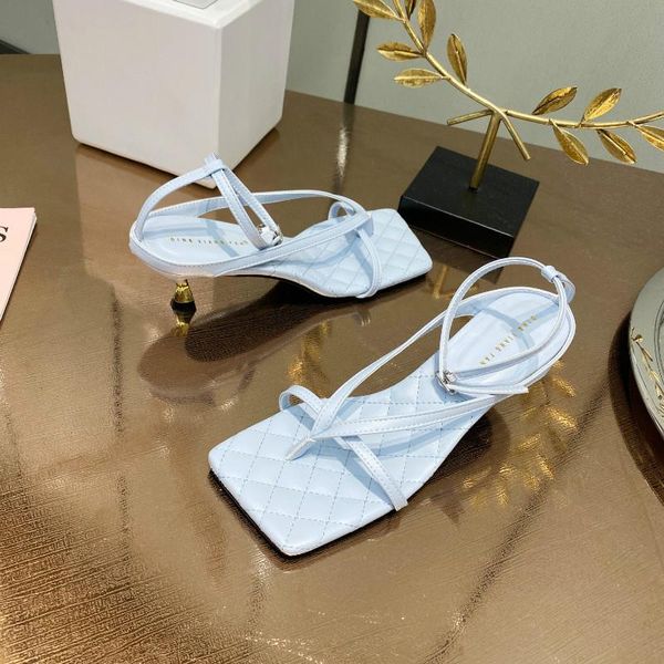

metal kitten heel designer shoes women gingham sewing buckle strap summer sandals separeted toe elegant, Black