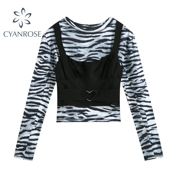 

women zebra print bodycon crop t shirt and strap vest outfits spring long sleeve tees party club bar tide e-girl sheath 210430, White
