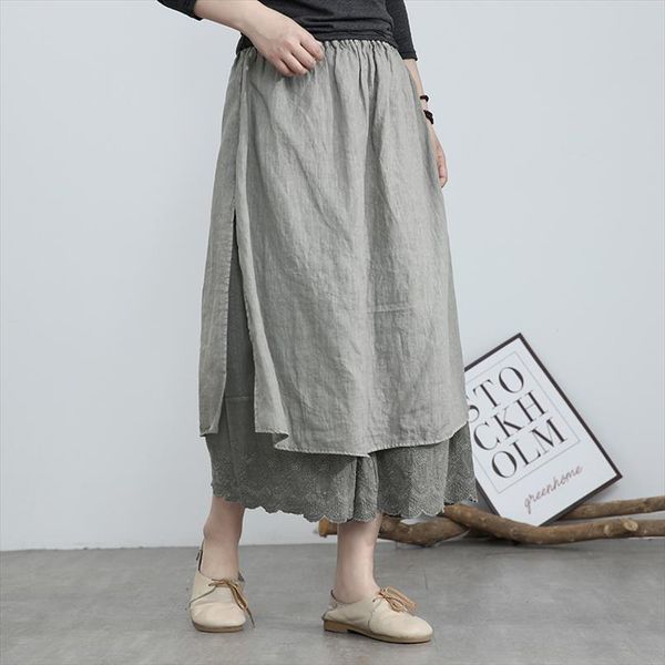 

cotton linen spring summer wide womens pants legged loose fake two elastic waist hollow out trousers mh706, Black;white