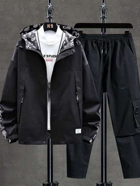 

men zipper front hooded jacket & drawstring waist pants a2yx#, Gray