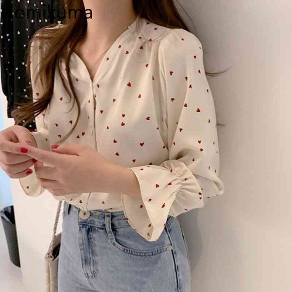 

nomikuma love heart pattern korean style shirts women v neck long sleeve chiffon blouse female single breasted korean blusas 210514, White