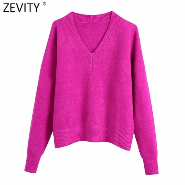 

zevity women simply v neck soft touch casual purple knitting sweater female chic basic long sleeve pullovers brand sw901 210917, White;black
