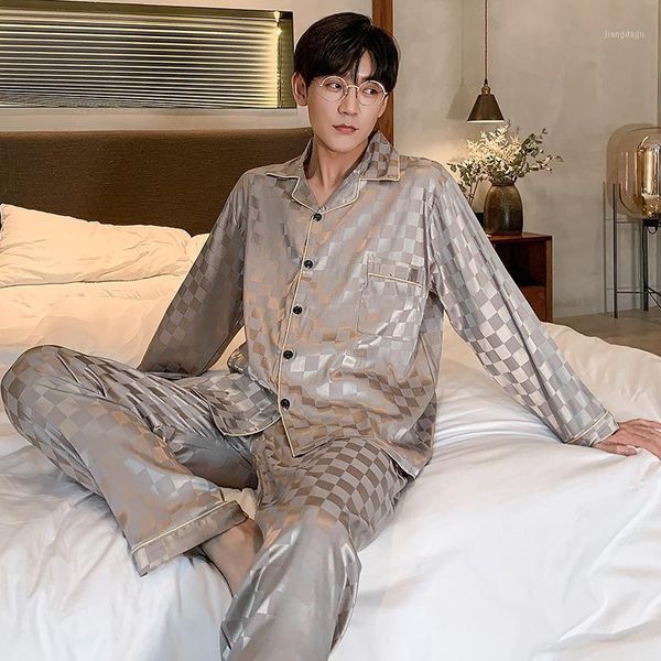 

men's sleepwear autumn trousers pajamas suit plaid silk home clothes two-piece for men luxury sleep 2021, Black;brown
