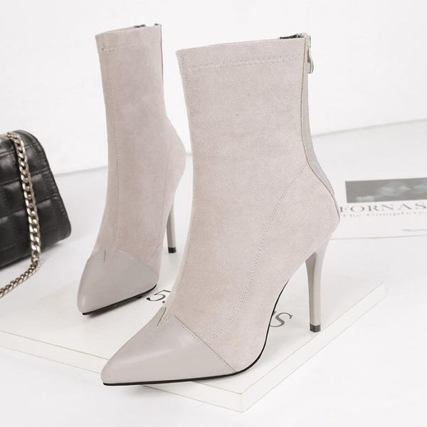 

boots pointed toe high heels winter women suede stovepipe mid-calf warm botines thin heel patchwork shoes female height increase 6uiw, Black
