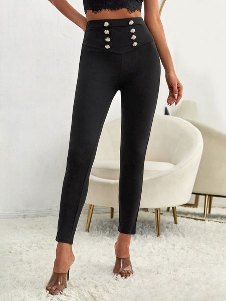 

button detail skinny pants c7tl#, Black;white