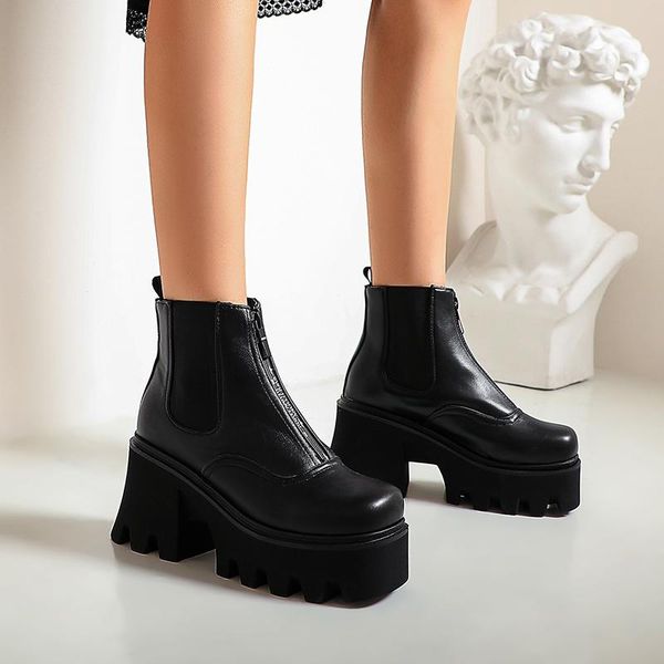 

boots 2021 round toe zipper platform for women black two styles gothic women's shoes wedge high heels