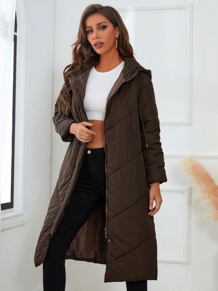 

zip up snap button drawstring hooded puffer coat 002q#, Black