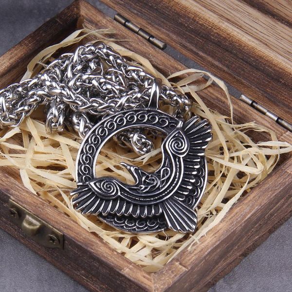 

pendant necklaces never fade viking triple horn of odin raven huginn and muninn amulet stainless steel rune necklace with wooden box, Silver