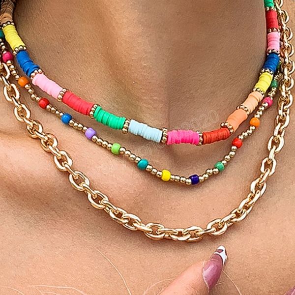 3 Teile/satz Boho Bunte Polymer Clay Choker Halskette für Frauen Mode Gold Farbe Runde Perlen Link Kette Metall Halskette Schmuck