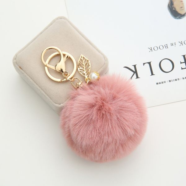

23 colors fluffy artificial rabbit fur ball key chain pompons with leaves for women car bag key ring jewelry, Silver