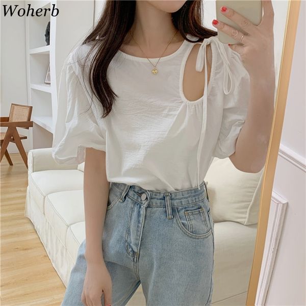 

womens chic hollow out blouses o-neck puff sleeve off shoulder shirt loose white blouse blusas mujer moda 210417