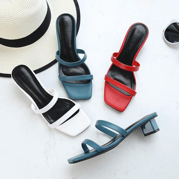 

female fashion narrow band block low heels square toe slippers sandals summer flip flops women open casual slides shoes, Black