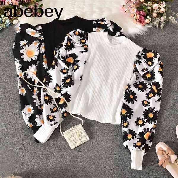 

autumn blouses product design bubble shirt sleeve stitching fake two shirt floral slim slimming jacket women 210715, White