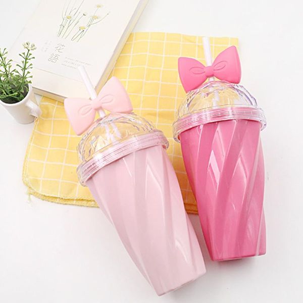 

water bottles 400ml lovely straw cup cold drink plastic with bow lid bottle 40#