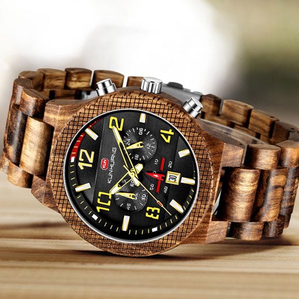 

wristwatches handmade natural wooden watches chronograph date military sport mens luxury fashion casual watch personalized custom, Slivery;brown