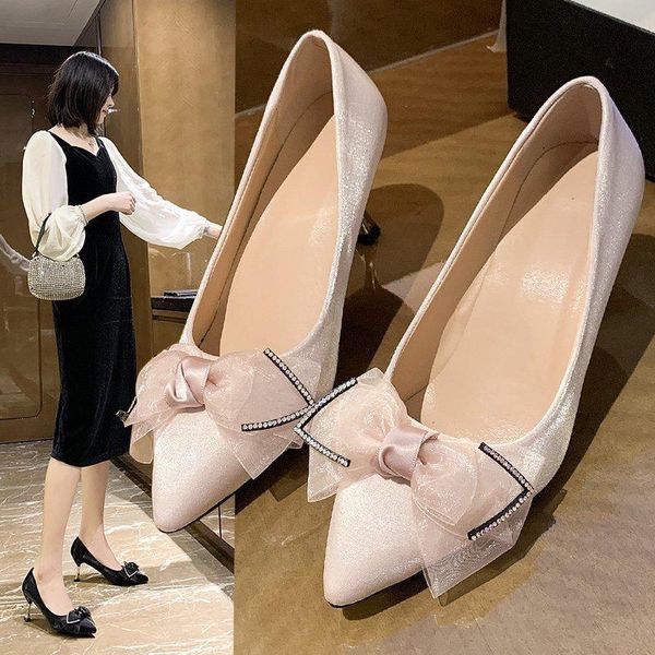 

dress shoes fashion shallow mouth single shoes2021spring and summer stiletto high heel pointed toe women's sweet bow, Black