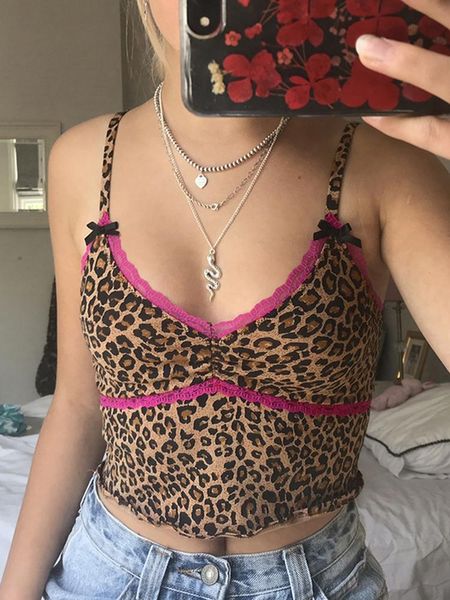 

women's tanks & camis leopard printed y2k summer sleeveless cropped party for women backless skinny aesthetic pink lace trim t, White