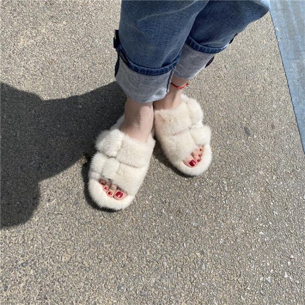 

slippers 100% quality genuine mink sandals european flip flops indoor and winter flat, Black