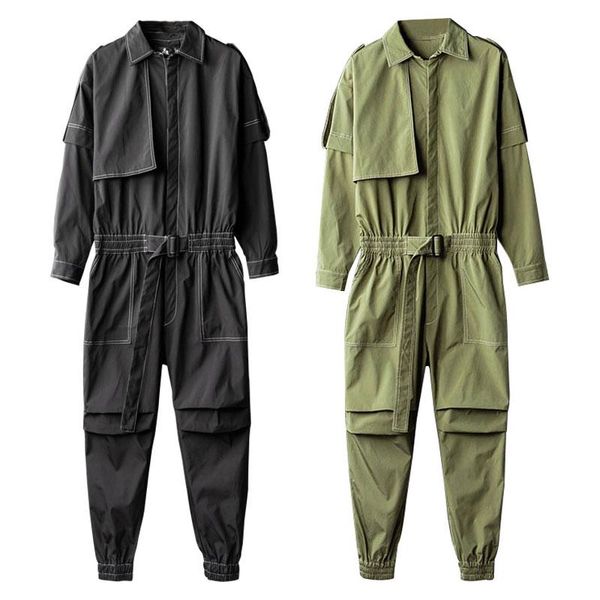 

spring overalls men jumpsuit lapel long sleeve elastic waist beam feet streetwear fashion clothing cargo pants black trousers men's