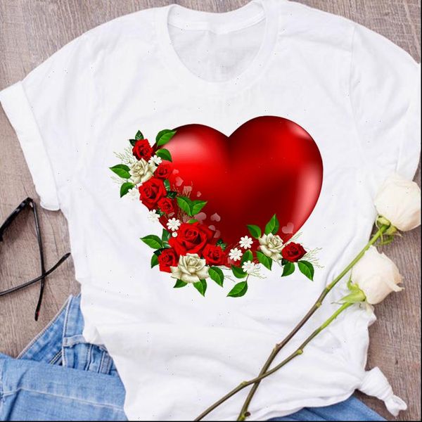 

graphic flower love heart womens t shirts cute romantic valentine 90s girl clothing female tees print, White