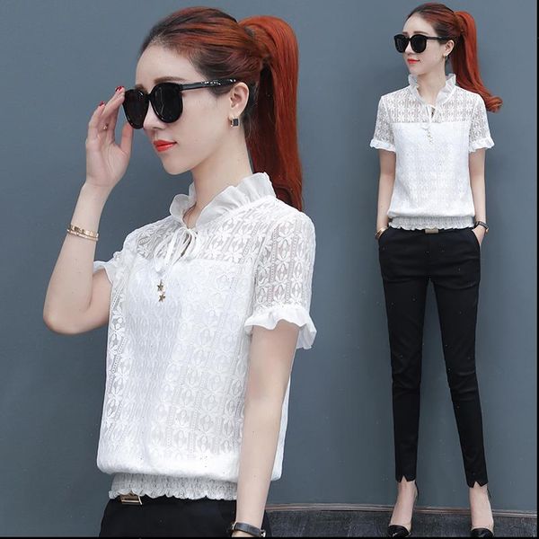 

spring summer style lace womens shirts casual short sleeve stand collar beige white blusas df2640