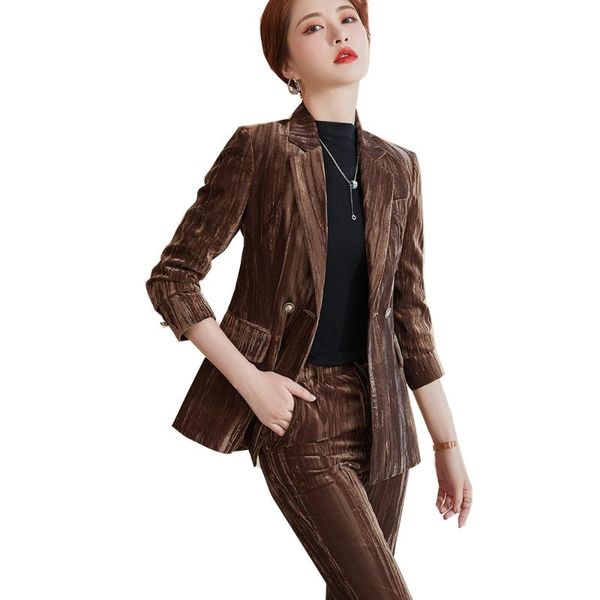 

women's two piece pants winter ladies pant suit velvet blazer jacket and trouser women female formal office work 2 set, White
