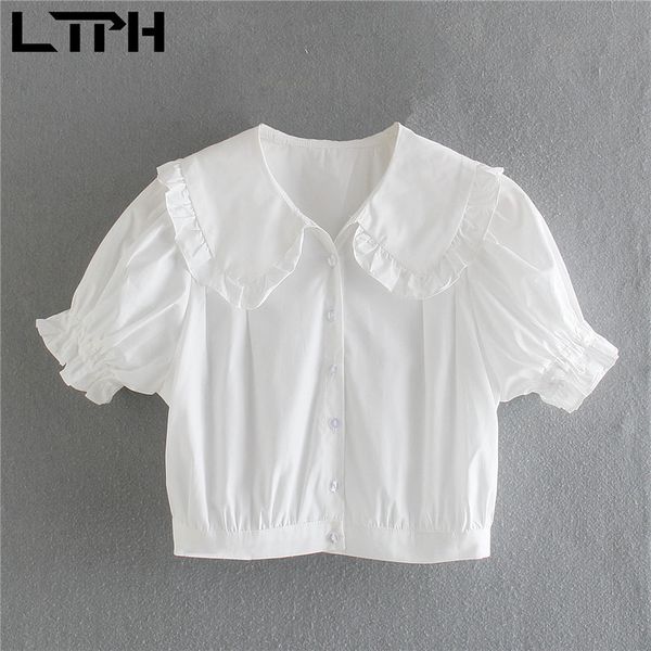 

french vintage peter pan collar white shirt women short puff sleeve blouse single breasted cotton thin summer 210427