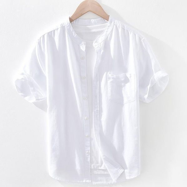 

men's casual shirts short sleeve shirt for men summer cotton linen stand collar male pocket decoration button solid white, White;black