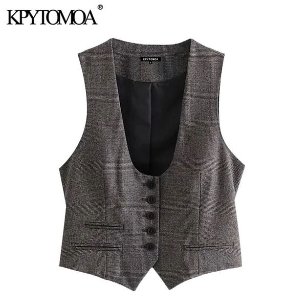 

women fashion single breasted check waistcoat vintage sleeveless back tab female vest coat chic 210420, Black;white