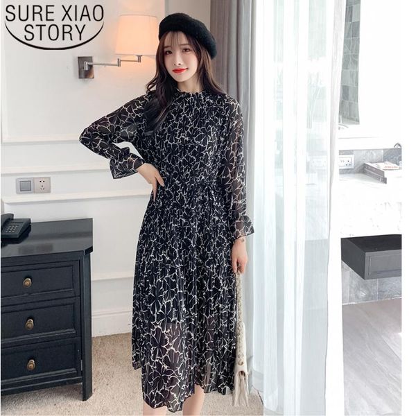 

casual dresses robe femme 2021 spring long sleeve vintage print chiffon lady dress stand collar loose pleated party vestidos 8540 50, Black;gray