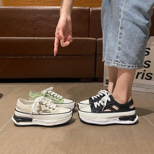 

dress shoes student creepers summer canvas women muffins cover toe thicken soled sandalias mujer elevated hollow out lace up sandals, Black