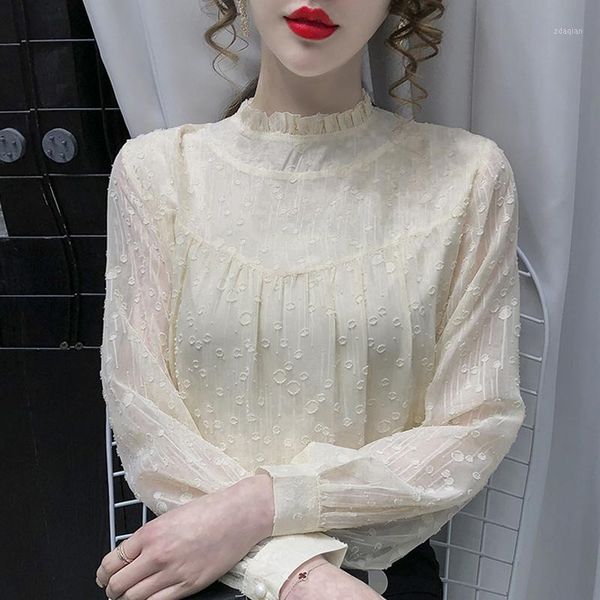 

long sleeve blouse women blusas mujer de moda 2021 stand collar chiffon shirt blouses blusa e244 women's & shirts, White