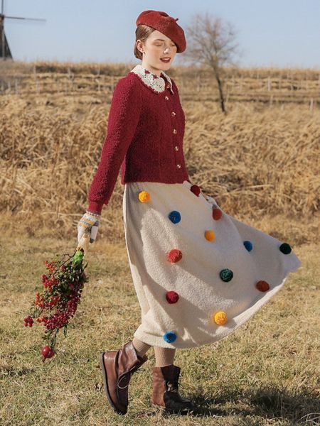 

casual dresses original design autumn winter women vintage mori girls sweet cute all-match handmade colorful pom long warm skirts 9zfm, Black;gray