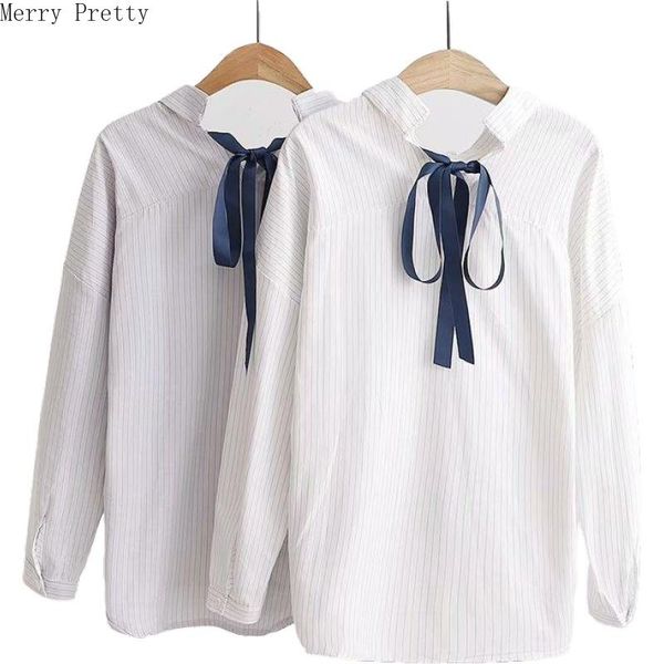 

women's blouses & shirts women elegant back lace up striped blouse shirt long sleeve turndown collar cotton female 2021 spring ladies, White