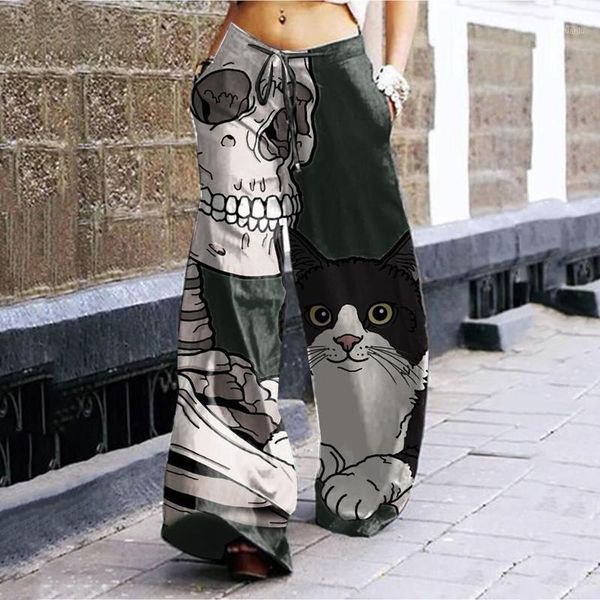 

women's pants & capris vintage wide leg with pockets loose halloween skull cat print ladies casual elastic waist comfy #g1, Black;white