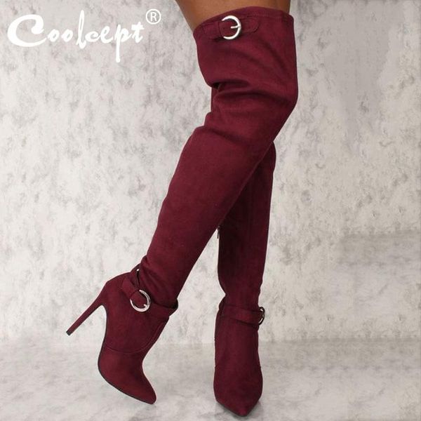 

boots coolcept women over knee fashion thin high heels elastic modern metal buckle pointed toe shoes size 35-47, Black