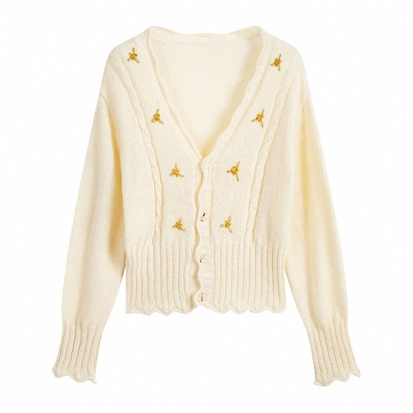 

women sweater v neck long sleeve casual beige floral embroidery cardigan m0310 210514, White