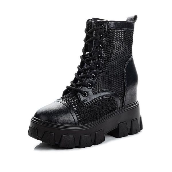

boots fashion women's lace up calf round head black mid heel mesh leather women shoes