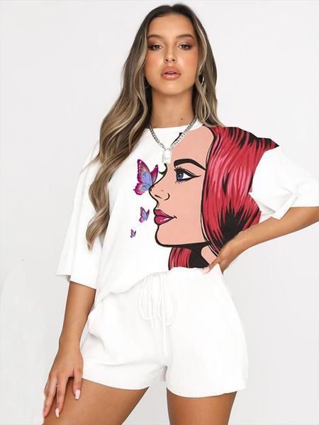 

summer casual short sleeve womens sleepwears beautiful girl butterfly print suits two pieces elastic waist drawstring solid color loose sets, Black;red